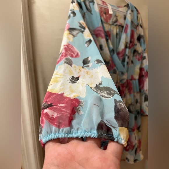 ⚫️ BOGO Peppermint blue floral sheer summer mini dress long sleeve size large - Picture 5 of 9